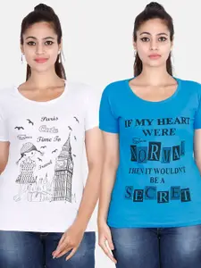Fleximaa Women Blue & White Pack Of 2 Typography Printed Cotton T-shirt