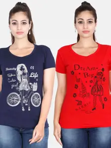 Fleximaa Women Navy Blue & Red Pack Of 2 Printed Cotton T-shirt