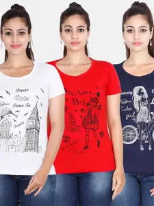 Fleximaa Women Navy Pack Of 3 Printed Cotton T-shirt