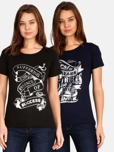 Fleximaa Women Navy Blue & Black Pack Of 2 Printed T-shirt