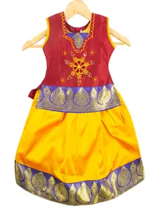 AMIRTHA FASHION Girls Maroon & Yellow Embroidered Ready to Wear Lehenga & Blouse