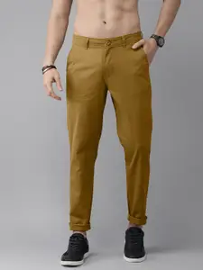 Roadster Men Mustard Brown Solid Regular Trousers