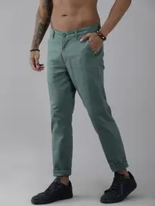 Roadster Men Teal Blue Solid Slim Fit Regular Trousers