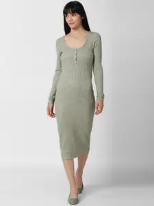 FOREVER 21 Women Green Self Design Bodycon Midi Dress