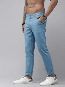 Roadster Men Blue Straight Fit Solid Trousers
