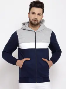 Kalt Men Navy Blue & Grey Colourblocked Hooded Fleece Sweatshirt