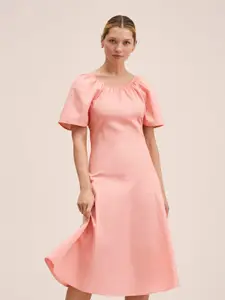 MANGO Pink Solid Cotton A-Line Midi Dress