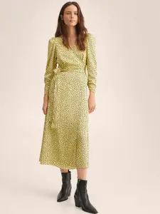 MANGO Yellow & Black Polka Dots Print Wrap Midi Dress