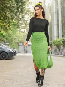 MANGO Women Green Self-Design Straight Side Slit Midi Skirt