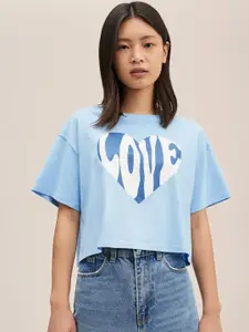 Mango Kids Girls Blue & White Typography Pure Cotton Drop-Shoulder Sleeves T-shirt