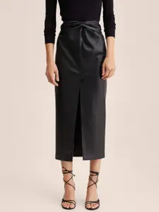 MANGO Women Black Solid Front Slit Midi Skirt