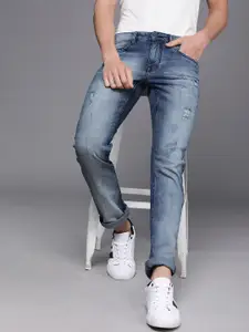 WROGN Men Blue Straight Fit Mildly Distressed Heavy Fade Stretchable Jeans