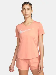 Nike Orange & White Brand Logo Printed Dri Fit Running Top