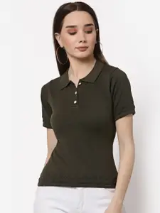 Miramor Women Olive Green Polo Collar T-shirt
