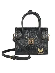 Hidesign Women Black Animal Textured Leather Structured Satchel