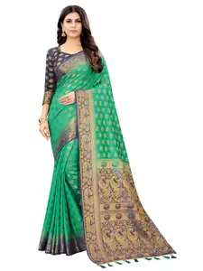 PERFECT WEAR Green & Navy Blue Ethnic Motifs Zari Silk Cotton Banarasi Saree
