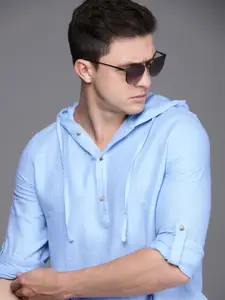 WROGN Men Blue Self Designed Hooded Casual Shirt