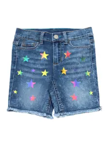 Lil Lollipop Girls Blue Washed Printed Denim Shorts