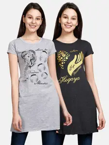 Fleximaa Pack of 2 Printed Pure Cotton Longline Knitted Tops
