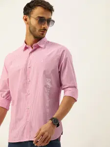 SINGLE Men Pink And White Slim Fit Pinstriped Pure Cotton Casual Shirt