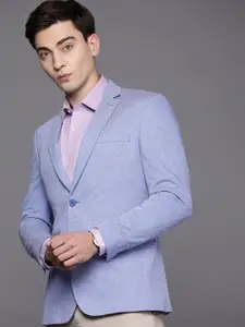 Peter England Elite Men Light Blue Self Design Slim Fit Smart Casual Blazer