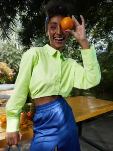 MANGO Women Lime Green Solid Crop Casual Shirt