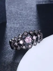 Yellow Chimes Black-Gun Plated Pink Crystal Stone Studded Finger Ring