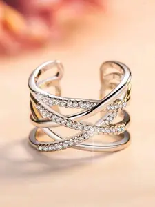 Yellow Chimes Silver-Plated & White Crystal Studded Finger Ring