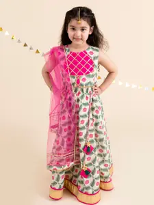 pspeaches Girls Off White & Pink Printed Ready to Wear Lehenga & Blouse With Dupatta