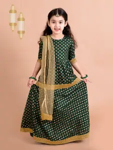 pspeaches Girls Green & Gold-Toned Printed Ready to Wear Lehenga & Blouse With Dupatta