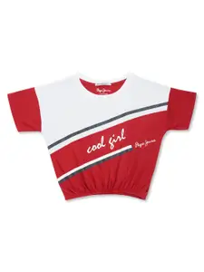 Pepe Jeans Girls Red & White Colourblocked Cotton T-shirt