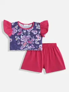 CrayonFlakes Girls Pink & Navy Blue Printed Top with Shorts