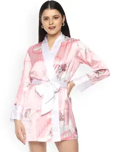 NOCHEE VIDA Women Pink & White Printed Mini Robe