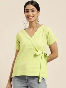 Sangria Women Green Woven Design Wrap Top