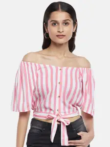People Pink Striped Off-Shoulder Bardot Crop Top
