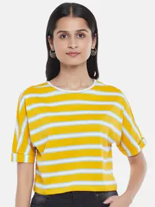 People Women Yellow Striped Extended Sleeves Top