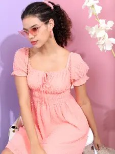 Tokyo Talkies Women Peach Self-Design  Smocked Mini Dress