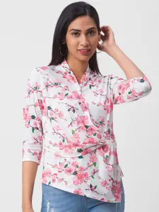 Globus White Floral Print Twisted Wrap Top