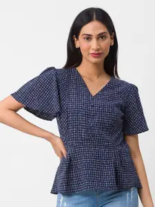 Globus Navy Blue Checked Cinched Waist Top