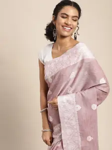 Mitera Pink & White Ethnic Motifs Woven Design Pure Linen Saree