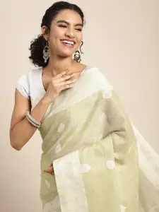 Mitera Green & White Ethnic Motifs Woven Design Pure Linen Saree
