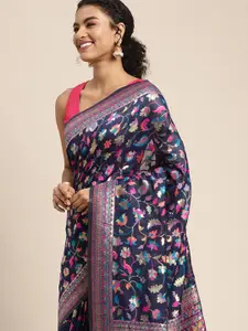 Mitera Navy Blue & Pink Ethnic Motifs Woven Design Saree