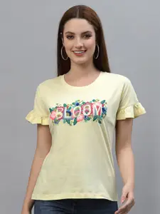 HOUSE OF KKARMA Women Yellow Floral Embroidered T-shirt