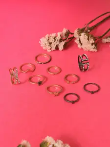 SOHI Set of 10 Gold-Plated Silver-Toned & White Stone Studded Finger Ring