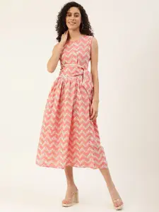Maaesa Women Pink & Off White Printed Pure Cotton A-Line Dress with Belt