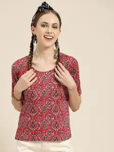 Sangria Women Red & Grey Printed Pure Cotton Top