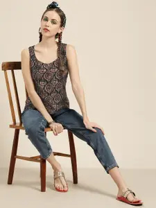 Sangria Women Black & Grey Printed Pure Cotton Top