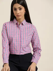 Hancock Women White & Pink Pure Cotton Slim Fit Gingham Checked Formal Shirt