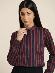 Hancock Women Red & Navy Blue Pure Cotton Slim Fit Striped Formal Shirt
