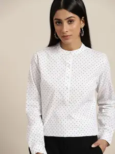 Hancock Women White Polka Dot Printed Pure Cotton Shirt Style Formal Top